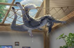 anthro balls bodily_fluids canid canine cawfulcrow claws cloud dripping erection fox genital_fluids genitals humanoid_genitalia humanoid_penis light looking_down male mammal net nude penis plant precum precum_drip saggy_balls selgris_(nightswing) skylight smile solo sunlight