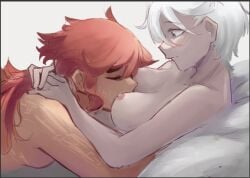 2girls black_border blush breast_press breasts canon_couple color completely_nude cuddling face_in_breasts grey_eyes gundam gundam_suisei_no_majo lighting long_hair looking_at_partner lying lying_on_back lying_on_bed married_couple miorine_rembran nipples red_hair romantic romantic_couple scar scars_all_over smile suletta_mercury tied_hair undecided404 white_hair wholesome wife_and_wife yuri