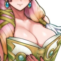 1girls book cleavage female fire_emblem fire_emblem_heroes gunnthra_(fire_emblem) large_breasts long_hair nintendo nude ouch_meme pink_hair rotomdocs