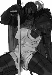 192_saioma armor boots bottomless breasts clothes_lift covered_face female female_pubic_hair greyscale helm helmet highres knight large_breasts monochrome original pauldrons planted planted_sword pubic_hair pussy shirt_lift shoulder_armor simple_background solo spread_legs squatting sword thigh_boots uncensored weapon white_background