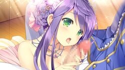 blush breasts censored daikou_wakako fellatio game_cg green_eyes hair koi_saku_miyako_ni_ai_no_yakusoku_wo_~annaffiare~ natsume_eri necklace oral penis purple_hair