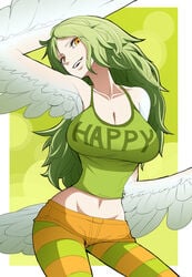 1girls armpits bare_shoulders big_breasts breasts cleavage clothed clothes clothing english_text female female_only fully_clothed green_hair green_theme hair harpy highres huge_breasts humanoid large_breasts long_hair looking_at_viewer midriff monet_(one_piece) monster_girl one_piece seductive_eyes seductive_look seductive_smile smile smiling smiling_at_viewer smirk solo solo_female text voluptuous wings yellow_eyes