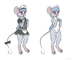 4_fingers 4_toes blue_hair blush breasts buckteeth chest_tuft clothed clothing comparison digital_media_(artwork) embarrassed female fur furry grey_fur hair hi_res maid_uniform mammal mouse multiple_versions navel nipples nude pink_nose pussy red_eyes rodent simple_background slowderpyguy solo teeth toes tuft uniform white_background
