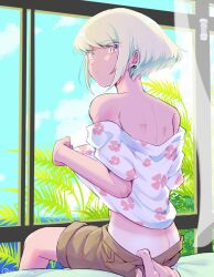 2boys androgynous ass bob_cut clothed clothing embarrassed femboy galo_thymos gay lio_fotia pov promare removing_clothing short_hair solo_focus twink undressing_another yaoi