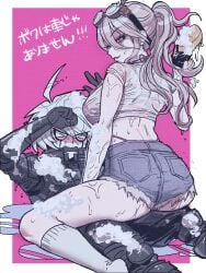 1boy 1girls 99no_rikyuu ahoge alternate_hairstyle android arched_back ass bikini blonde_hair blue_eyes blush cleaning closed_eyes crop_top danganronpa danganronpa_v3 denim_shorts dripping female flustered gloves goggles goggles_on_head hair_between_eyes iruma_miu japanese_text k1-b0 keebo kiibo kneehighs large_ass large_breasts long_hair looking_at_viewer looking_back male metallic_body pink_bikini ponytail puddle ripped_pants robot shorts sitting_on_lap sitting_on_person smile soap_bubbles socks sponge straight string_bikini suds t-shirt thighs thong thong_bikini tied_hair translation_request wavy_hair wet wet_clothes wet_clothing wet_shirt whale_tail white_hair white_shirt