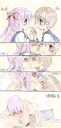 2girls blush comic eye_contact female hair_ribbon haramura_nodoka high_resolution interlocked_fingers kissing looking_at_another miyanaga_saki multiple_girls nude ribbon saki school_uniform yuri