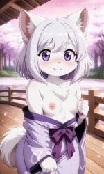 ai-created ai_art ai_generated anthro cat_girl catgirl cherry_blossoms cute domestic_cat kimono kimono_down looking_at_viewer neko petite petite_breasts petite_female pink_background pixai showing_breasts showing_nipples tagme yuriko_(oc)