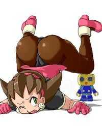 1girls accidental_exposure ass ass_up blush clothed isu mega_man mega_man_legends panties pantyhose solo thong tron_bonne underwear