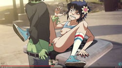 ace_copular anal anal_insertion black_hair breasts converse eyeshadow female flower gorillaz hair_between_eyes hair_flower hair_ornament hairless_pussy head_tilt makeup missionary naughty_face no_panties noodle_(gorillaz) noodle_(humility) shaved_pussy shoes small_breasts sneakers socks style_parody vaginal_insertion zone