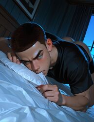 1boy ai_generated ass ass_up bed bedroom black_hair black_shirt buzz_cut civitai gay green_eyes human light_skin looking_at_viewer male male_only micheal_allan_(prompter) muscular night pillow_bite shorts_down sid_phillips solo sweat sweatdrop toy_story yaoi