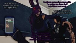 angry angry_expression big_ass big_breasts big_thighs claws collar demon fangs femboy femdom ffxiv final_fantasy_xiv goth goth_boy goth_makeup gothic gpose(ffxiv) gpose_(ffxiv) imp jealous olly_v_(ffxiv) penis_piercing phone phone_screen purple_hair selfie size_difference square_enix taller_futanari thighs viera