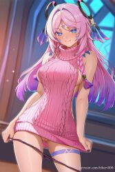 ai_generated ass_visible_through_thighs bare_shoulders black_panties blue_eyes blush braid breasts cable_knit citlali_(genshin_impact) closed_mouth cowboy_shot dress facial_mark female genshin_impact hair_ornament hikari406 indoors long_hair looking_at_viewer medium_breasts meme_attire multicolored_hair panties panty_pull pink_hair pink_sweater pulled_by_self purple_hair pussy sideboob sleeveless smile solo sweater tattoo turtleneck turtleneck_sweater twin_braids uncensored underwear virgin_killer_sweater