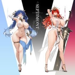 ) augusta_(wuthering_waves) big_breasts breasts condom condom_in_mouth full_body fully_clothed greco-roman_clothes iuno_(wuthering_waves) meteorpixiv pussy romantic_couple school_uniform schoolgirl skirt_lift skirt_removed small_breasts tits_out wuthering_waves yuri