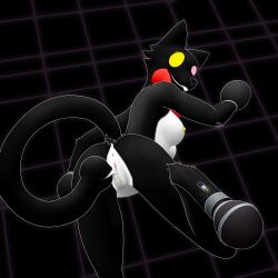 absurd_res anthro anus black_background black_body black_fur bow_tie breasts cat_mike_(deltarune) cute_fangs deltarune domestic_cat electronics exposed_breasts fangs felid feline felis felixguara female fur genitals hi_res living_tail looking_at_viewer mammal microphone microphone_hands nipples outline pink_eyes pink_vulva pose pussy rear_view simple_background smile solo suni'ave_(artist) tail tail_head teeth tongue tongue_out tuxedo_cat undertale_(series) unusual_anatomy unusual_tail vulva white_body white_fur white_outline yellow_eyes yellow_nipples yellow_vulva