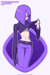 1girls 2024 black_eyes blush duo_(duolingo) duolingo ebi77 flat_chest hair_over_one_eye lily_(duolingo) long_sleeves looking_at_viewer navel painted_nails pants pasties purple_hair shirt shirt_lift skinny standing tagme watermark