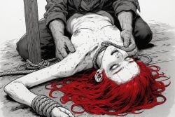 abused_female ai_generated black_and_white breasts closed_eyes helpless helpless_female helpless_girl interrogation_rape man_on_top nude_female nude_female_clothed_male powerless rape raped_by_enemy raped_female red_hair redhead_female rope rope_around_neck rope_bondage tied_up tied_up_female