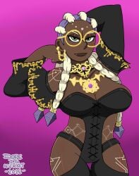 1girls big_breasts bodypaint braid circular_glasses cleavage curvaceous curvy_female dark-skinned_female dark_skin dolores_(kof) dopeisnukat dress female female_focus glasses gold green_eyes king_of_fighters large_breasts long_hair looking_at_viewer nukatisdope panties purple_hair round_glasses standing thick_thighs thighs two_tone_hair voluptuous voluptuous_female white_hair wide_hips