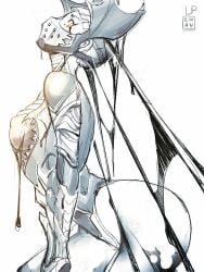 2d_(artwork) armored_female artist_logo artist_name athletic_female black_armor black_liquid breasts capcom curvaceous curvy_ass fat_ass glowing_armor gogmazios_(armor) good_artwork gothic huge_ass hunter_(monster_hunter) leotard light-skinned_female lpchan_(artist) masked_female monster_hunter monster_hunter_(series) monster_hunter_4 monster_hunter_4_ultimate simple_background tar_covered thick_thighs white_background