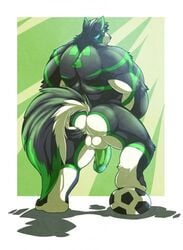 anthro ass ass_grab aydenwusky back_turned ball balls biceps big_muscles canine flaccid furry green_penis humanoid_penis husky male male_only mammal muscles nude penis rikitsu soccer soccer_ball solo