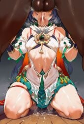 1girls 2boys ai_generated balls big_balls black_hair blowjob breasts cock_worship cum cum_dripping cum_dripping_from_mouth cum_in_mouth cum_on_stomach dark-skinned_male dark_skin ejaculation excessive_genital_fluids fellatio genlation honkai:_star_rail hoyoverse implied_blowjob implied_fellatio interracial kneeling kneeling_oral_position large_testicles mihoyo oiled oral_creampie pussy_juice pussy_juice_drip shiny_skin small_breasts stomach tagme testicles thick_thighs thighs trembling tummy viewed_from_below yunli_(honkai:_star_rail)