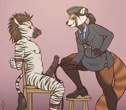 ataraxia big_penis blush bondage bound chair equine female hair male malesub penis piercing red_panda simple_background whip zebra