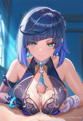 1boy after_paizuri ai_generated asymmetrical_gloves bare_shoulders black_gloves black_hair blue_dress blue_hair blush bob_cut bracelet breasts breasts_squeezed_together cleavage closed_mouth cum cum_on_body cum_on_breasts diagonal_bangs dice earrings elbow_gloves female fingerless_gloves genshin_impact gloves gradient_hair green_eyes hikari406 jewelry large_breasts looking_at_viewer mismatched_gloves mole mole_on_breast multicolored_hair neck_ring paizuri paizuri_under_clothes penis pov pov_crotch short_hair single_elbow_glove single_fingerless_glove single_glove sleeveless smile solo_focus straight tassel two-tone_hair uncensored white_gloves yelan_(genshin_impact)