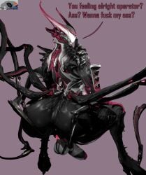 5 5_fingers athletic athletic_female big_ass big_penis biomechanical clothing dat_ass eyeless fat_ass female fingers futa_focus futanari glowing glowing_genitalia huge_ass humanoid looking_at_viewer looking_back oraxia_(warframe) partially_clothed pussy robot robot_girl robot_humanoid solo text warframe warframe_(species)