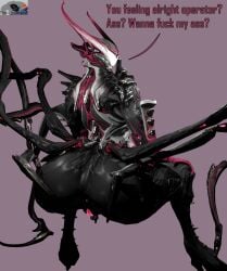 5 5_fingers athletic athletic_female big_ass biomechanical clothing dat_ass eyeless fat_ass female fingers futa_focus futanari glowing glowing_genitalia huge_ass humanoid looking_at_viewer looking_back oraxia_(warframe) partially_clothed pussy robot robot_girl robot_humanoid small_penis solo text warframe warframe_(species)