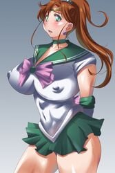 1girls big_breasts bishoujo_senshi_sailor_moon blush brunette choker circlet clothing elbow_gloves erect_nipples erect_nipples_under_clothes female female_only kunifuto large_breasts makoto_kino miniskirt nipple_bulge pokies ponytail sailor_jupiter skirt solo