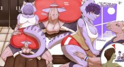 absurd_res alternate_costume anal anal_sex angry ankylosaurian ankylosaurid ankylosaurus anthro ass balls big_breasts bodily_fluids breasts caught_in_the_act cavemanon_studios cdepraxis ceratopsian ceratopsid chasmosaurine clothed clothing cum cum_in_ass cum_inside dialogue digital_media_(artwork) dinosaur duo english_text erection fan_character female female_penetrated genital_fluids genitals goodbye_volcano_high green_body green_scales grinding hair hi_res horn looking_at_another male male/female male_penetrating male_penetrating_female marginocephalian ornithischian penetration penis prehistoric_species profanity purple_body purple_eyes purple_hair reptile scales scalie sex smile snoot_game spiked_penis spikes spikes_(anatomy) tail text thick_thighs thyreophoran topwear torn_clothing triceratops trish_(gvh)