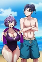 1boy 1girls ai_generated alternate_breast_size arms_crossed beach bernadetta_von_varley big_ass big_breasts black_hair breasts felix_hugo_fraldarius female fire_emblem fire_emblem:_three_houses male novelai purple_hair shortstack swimsuit swimwear