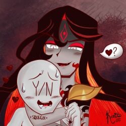 body_markings breath_play choking cookie_run cookie_run_ovenbreak drooling headlock heart kenitohhh malicious_smile masochism obscure_umbra_cookie power_play sadism stylized sweat y/n