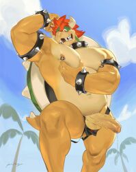 0picky 1boy arm_up armlet armpits bara bare_pectorals biceps black_male_underwear blue_sky bowser bracelet cloud cloudy_sky coconut_tree collar diffraction_spikes english_commentary erection foreskin furry furry_male grin hand_on_own_chest highres horns jewelry looking_at_viewer male_underwear mario_(series) muscular muscular_male navel nipple_piercing nipples palm_tree pectorals penis piercing presenting_armpit red_hair signature sky smile spiked_armlet spiked_bracelet spiked_collar spiked_shell spikes testicles tree underwear veins veiny_penis