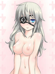 blue_eyes breasts eye_patch female kageshio_(276006) large_breasts long_hair nipples nude silver_hair solo symbol-shaped_pupils