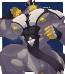 2025 5_fingers abs absurd_res anthro balls big_muscles big_pecs big_penis black_nose english_description fingers fist flaccid generation_8_pokemon genitals glans half-closed_eyes hi_res legendary_pokemon male male_only mouth_closed muscular muscular_anthro muscular_arms muscular_male muscular_thighs narrowed_eyes nintendo nipples pecs penis pokemon pokemon_(species) robinmg_45 solo urshifu vein veiny_penis yellow_glans yellow_nipples