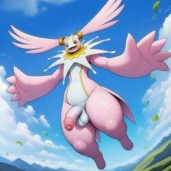 ai_generated anthro balls bandai_namco cherubimon digimon digimon_(species) fingers flaccid flying foreskin genitals horn humanoid_genitalia humanoid_penis jewelry leaf male novelai open_mouth penis pink_body solo spread_arms yamadorux