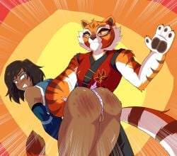 2025 2girls anthro ass bent_over blue_eyes blush brown_hair clenched_teeth furry humiliation imsomethingradical korra kung_fu_panda looking_back master_tigress motion_lines nickelodeon no_pants panties partially_visible_vulva polka_dot polka_dot_panties red_eyes spanking tagme the_legend_of_korra thighs tiger torn_clothes torn_panties yellow_sclera