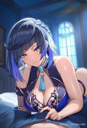 1boy ai_generated bare_shoulders black_hair blue_hair blush bob_cut braid breasts bulge cleavage diagonal_bangs dice earrings erection erection_under_clothes female genshin_impact green_eyes hikari406 indoors jewelry large_breasts looking_at_viewer lying mole mole_on_breast multicolored_hair parted_lips pov short_hair smile solo_focus straight tassel two-tone_hair uncensored yelan_(genshin_impact)