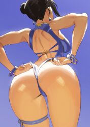 adjusting_clothes adjusting_swimsuit alternate_costume ass ass_focus back_cutout bare_shoulders black_hair blue_background blue_nails blue_one-piece_swimsuit bracelet breasts capcom chilicayenne2d chun-li clothes_lift clothing_cutout commentary cowboy_shot curvy double_bun earrings english_commentary female from_behind from_below gradient_hair hair_bun highleg highleg_one-piece_swimsuit highres huge_ass jewelry medium_breasts multicolored_hair nail_polish official_alternate_costume one-piece_swimsuit shiny_skin skindentation solo street_fighter street_fighter_6 swimsuit thigh_strap thighs wedgie wide_hips