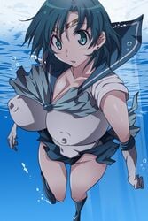 ami_mizuno bishoujo_senshi_sailor_moon blush breasts clothing erect_nipples erect_nipples_under_clothes kunifuto large_breasts sailor_mercury skirt swimming underwater water