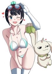 :3 :d bikini blush covered_erect_nipples crossed_arms digimon digimon_(species) digimon_story:_time_stranger hand_between_thighs hand_on_head heart jitome kanan_yuki large_breasts nipple_bulge one_eye_closed pabsmikan smile smug terriermon thighs yuuki_kanan