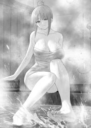 alternate_breast_size alternate_hairstyle barefoot bath blush breasts bucket cleavage closed_mouth collarbone commentary_request covered_erect_nipples feet female go-toubun_no_hanayome greyscale hair_bun highres huge_breasts indoors kosmos_beta looking_at_viewer mirror monochrome nakano_nino naked_towel onsen paid_reward_available presenting_foot short_hair_with_long_locks shower_head sitting soaking_feet soles solo steam thighs toes towel wet wet_towel wooden_bucket wooden_floor