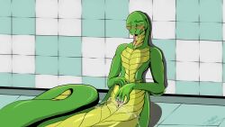 anthro apode blush bodily_fluids clothed clothing draconcopode female forked_tongue genital_fluids green_body green_scales hi_res legless masturbation melissa_(tobiasnana) naga on_ground partially_clothed purple_clothing purple_underwear reptile saliva scales scalie serpentine simple_background snake solo through_clothing tobiasnana tongue tongue_out underwear vaginal_fluids yellow_body yellow_scales