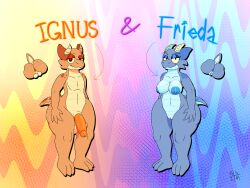 absurd_res animal_genitalia anthro anus asizeimock ass backsack balls big_balls big_butt big_penis breasts duo eyeshadow frieda_(asizeimock) genitals half-closed_eyes hi_res horn ignus_(asizeimock) kobold makeup model_sheet narrowed_eyes penis scalie sheath short_tail tail thick_thighs underbelly vulva