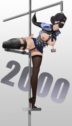 absurdres armbinder arms_behind_back badge black_hair blindfold blue_skirt bondage bound breasts cloth_gag corset crotch_rope elegia epaulettes female gag gag_harness gagged high_heels highres improvised_gag large_breasts legbinder long_hair nipple_piercing nipples original over_the_mouth_gag panel_gag pencil_skirt piercing police police_uniform policewoman ponytail restrained single_thighhigh skindentation skirt solo suspension thighhighs