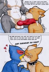 absurd_res animal_genitalia animal_penis anthro avian balls beak bird blue_body blue_feathers bodily_fluids canid canine canine_genitalia canine_penis collar cuckold cum duo falco_lombardi feathers fox fox_mccloud fur genital_fluids genitals grey_body hi_res male male/male mammal nintendo penis rotten_owl simple_background snowballing spiked_collar spikes star_fox traditional_media_(artwork) white_background wolf_o'donnell