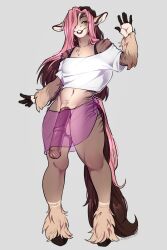 absurd_res animal_genitalia animal_penis anthro balls big_penis clothed clothing equid equine equine_genitalia equine_penis femboy fur genitals hair hi_res horse illy._.bean looking_at_viewer male mammal penis pony simple_background smile solo tail teeth topwear translucent translucent_clothing