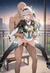 ai_generated behind_another carrying_another carrying_partner clothed clothed_sex cum cum_inside female firefly_(honkai:_star_rail) fucked_from_behind headband honkai:_star_rail legs legs_apart legs_spread lifted_by_another lifting_person light-skinned_female light_skin long_hair long_sleeves outdoor_sex outdoors penis penis_in_pussy pussy sex sex_from_behind skirt thigh_highs thighhighs