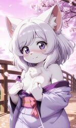 ai-created ai_art ai_generated anthro cat_girl catgirl cherry_blossoms covered_nipples covering_breasts cute domestic_cat kimono kimono_down looking_at_viewer neko petite petite_breasts petite_female pink_background pixai tagme yuriko_(oc)
