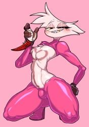 angel_dust angel_dust_(hazbin_hotel) bulge femboy hazbin_hotel male male_only rushbordie sharp_teeth spider spider_humanoid squatting tight_clothes tight_clothing tight_pants